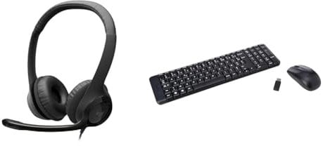 Logitech H390 Wired Headset for PC/Laptop, Stereo Headphones with Noise Cancelling Microphone & MK220 Compact Wireless Keyboard and Mouse Combo for Windows, AZERTY French Layout - Black