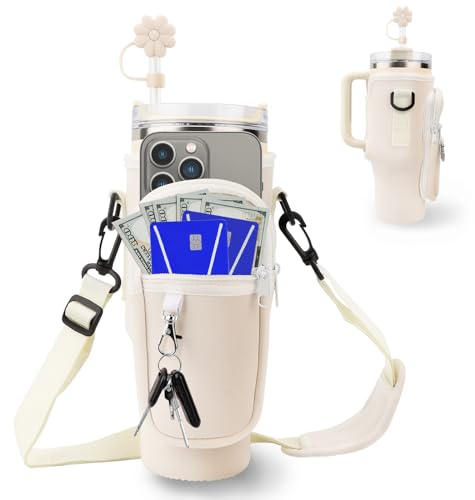 Pochette Bouteille Eau pour Stanley 40oz Cup,avec Sangle Ajustable et Poche pour Téléphone,Porte Gourde sac à dos avec Couverture de Paille & Mousqueton,pour la Marche et le Fitness (Blanc)