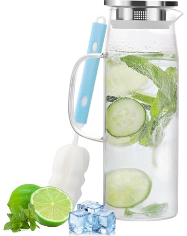 Carafe en Verre 1,5 L avec Couvercle et Anse, Pichet en Verre,Carafe Eau pour Eau Chaude/Froide, Vin, Thé Glacé et Jus, Inclut Brosse de Nettoyage
