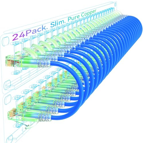 Sokqovt Cavo patch Ethernet sottile Cat6a da 0,3 m (confezione da 24), flessibile, 10 G, 550 MHz, 28 AWG, in rame puro, per armadi di rete, Cat 6, blu