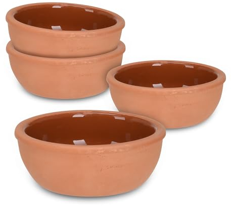 Tapas Schalen aus Ton 150 ml - 4er Set - Feuerfeste Auflaufform innen glasiert - Traditionelle Tonschale Dessert Dip Snack Schälchen Tapasschale ofenfest und spülmaschinengeeignet