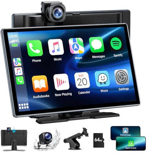 LAMTTO Wireless Car Stereo for Apple CarPlay Android Auto, 9 Inch Portable Car Audio Receiver with 4K Dash Cam, 1080P Rear Camera, Carplay Screen Radio with Bluetooth 5.0/Mirror Link/Siri/GPS/FM/AUX