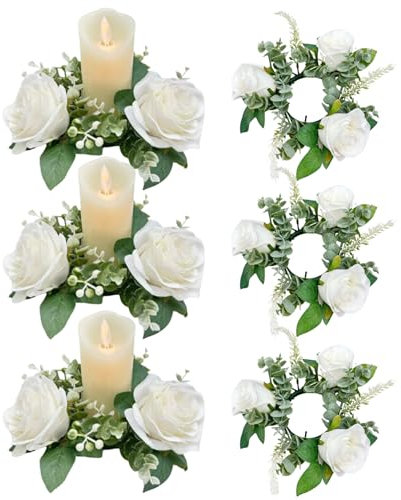 KerzenkräNze, Ringe, 6 StüCk, 7,9 Zoll, KüNstliche Rosen, Blumenkerzenringe FüR SäUlen, Kleiner Blumenkranz, Kerzenhalter, Hochzeit, MittelstüCke FüR Esstischdekoration, WeißE Blumenkerzenringe, Kerze