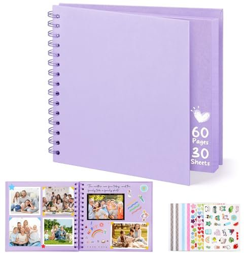 DazSpirit Album Fotos para Pegar y Escribir, 8-pulgadas Album Scrapbook de Recortes de Tapa Dura Cuadrado con 5 Pegatinas, Albunes para Fotos DIY para Bodas, Bebés y Aniversarios, 60 páginas, Violeta