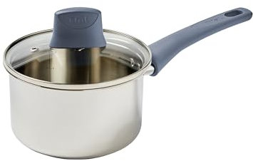 T-Fal Essentials Stainless Steel Sauce Pan with Lid 3.2 Quart, All Cooktops Including Induction, Oven Safe 350F, Multipurpose Saucepan, Chef's Classic Pot,Measuring Marks, Dishwasher Safe Silver/Blue