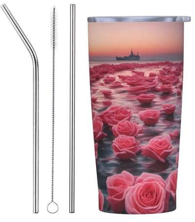 XZDAL Roses by The Sea Edelstahlbecher mit Strohhalm und Reinigungsbürste, 590 ml