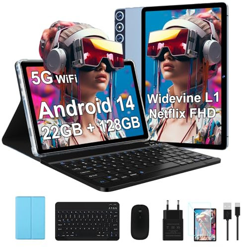 ZIOVO Tablet 10 Pulgadas Android 14, 22GB RAM+128GB ROM (TF 1TB), 5G WiFi/Widevine L1/Octa-Core/8000mAh/Cuerpo Metálico/8+5MP/BT 5.0/Tablet 2 en 1 con Teclado y Ratón - Azul