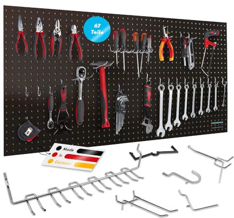 Pegboard Werkzeugwand aus Holz (MDF) inkl. 67-teiligem Hakenset - 120x60x0,5cm schwarz/braun, Ø7mm Löcher & 25,4mm Lochabstand - für Werkstatt und mehr - FSC-zertifiziert & Made in Germany
