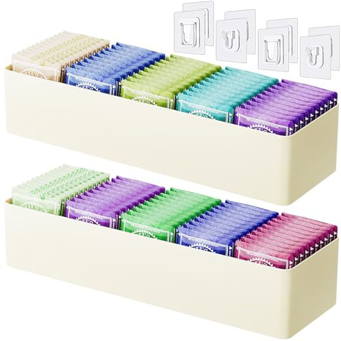 NiHome Tea Bag Organizer with 5 Adjustable Compartments for Tea Bags, Sugar Packets, Creamers, Small Items, Customizable Compact Box Holds Up to 40 Packets for Drawers, Cabinets, Countertops (2PCS)