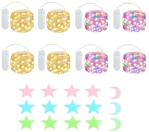 8x20er LED Mini Lichterkette Innen Außen mit Batterie für Party Hochzeit Weihnachten Beleuchtung Deko Geschenk, mit Sterne Fluoreszierende Wandsticker(2.1 metre/6.89 Ft Warmweiß und Mehrfarbig)