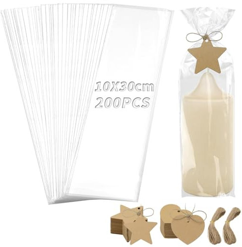 TXXATX Kerzentüten Set 200 Stück Zellophantüten 10x30 cm OPP Cellophantüten mit 200 Kraftpapier Geschenkanhänger und Schnur für Kerzen Süßigkeiten Biscuit Verpackung Hochzeit Party Valentinstag
