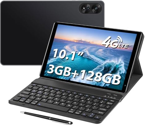 Aidekunlin Tablet with Keyboard，10.1 inch Screen，3GB RAM，128G+128G Memory，4G LTE Android Tablet with Dual SIM Slots, 5MP+16MP Camera, 5000mAh Battery，Notebook Computer，Tablet (Black, 1)