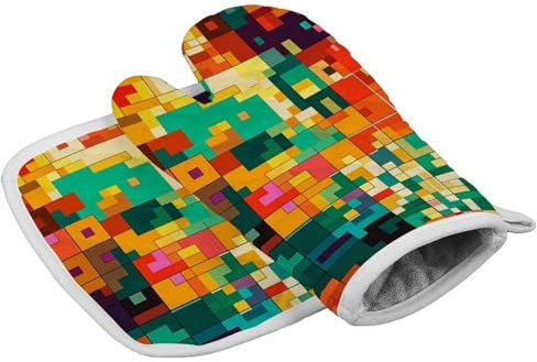 Pixel Art Ofenhandschuhe und Topflappen-Set, Kochhandschuhe mit Aufhängeschlaufe, hitzebeständiges Topflappen-Set für Koch, Backen, Kochen, Grillen
