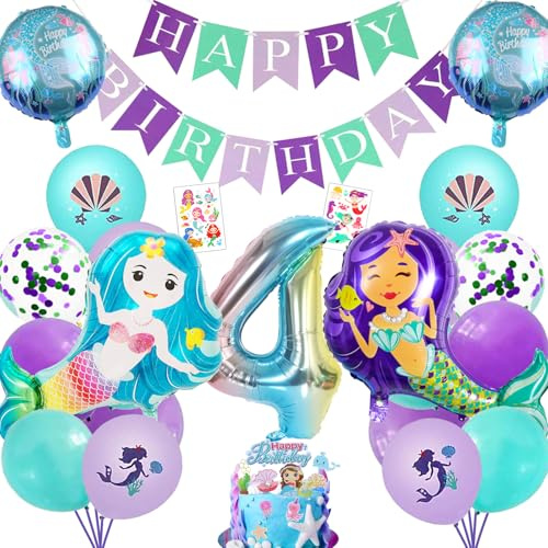 YOUYIKE 4 Jahre Meerjungfrau Deko Kindergeburtstag, Geburtstag Mädchen Meerjungfrau Deko, XXL Folienballon Mermaid Meerjungfrau Ballonset mit Happy Birthday Banner Mermaid Cake Plugin