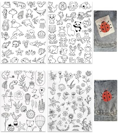 FUGLUS 4 Blätter Stickvorlagen Wasserlöslich mit Tiere Pflanzen,Selbstklebend Wasserlöslich Stickvlies, Wasserlöslicher Stabilisator für Stickerei, DIY Projekte, Stichübungen