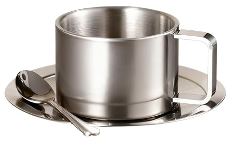 Tasses en acier inoxydable, avec cuillère, double paroi, 200 ml, fournitures de salle à manger étanches | Tasse et soucoupe à thé: pour patio d'hiver, balcon, patio, jardin extérieur, parc, h