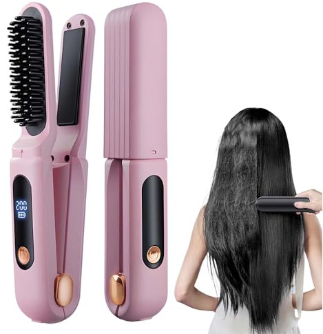 Glätteisen Locken und Glätten, 3-in-1 Thermal Brush mit LED 3 Wärmestufen, Portable Straightener Brush Lonischer Verbrühungsschutz Glätteisen 2 in 1 Haarglätter Bürste für Haar und Bart (Rosa)