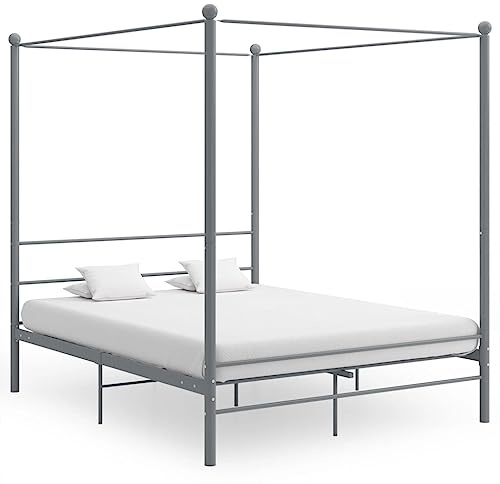 GeenYuu Himmelbett Grau Metall 160x200 cm, Elegantes Bettgestell für Schlafzimmer, Robustes Plattformbett mit Lattenrost, Langlebige Schlafzimmermöbel