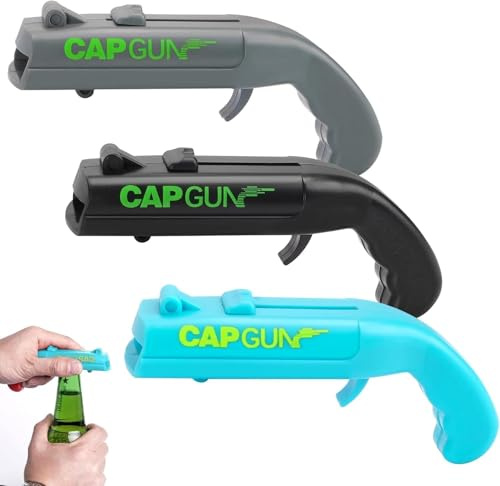 3 Stück Cap Gun,Flaschenöffner Lustig, Kronkorken Pistole, Bierdeckelpistole, Cap Gun Flaschenöffner Pistole, Gadgets für Männer für Zuhause Bar Party Trinken und Spiel- (Blau,grau,Schwarz)