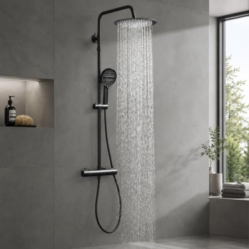 HOMELODY Duschsystem mit Thermostat Schwarz, 300 mm Regendusche | 6 Funktionen Handbrause, Duscharmatur Edelstahl Regendusche mit Armatur, Duscharmatur Komplettset