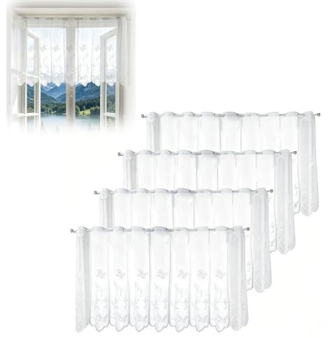 4er Scheibengardine, 130x45cm modern Küchengardinen Bistrogardine Kurzstores Blume Weiß Halbtransparent Besticke Scheibengardinen, Gardine Schals Fensterschal Kurzgardine für Wohnzimmer und Küche