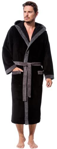 Morgenstern Bademantel Herren Schwarz mit Kapuze lang leicht Männer Hausmantel Duschbademantel Morgenmantel Microfaser Viskose Baumwolle Größe L