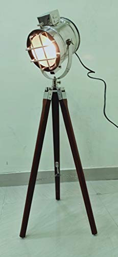 Medieval Replicas Chrome Marine Designer Spotlight Search Light Decorative Floor Lamp W/Wooden Tripod