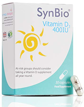 SynBio Vitamin D3 400 IU | 30 Capsules - One Month Supply | Peanut Free - Nut Free - Vegetarian Society Approved - SOYA Free - Dairy Free - Yeast Free - Sugar Free - Gelatin Free - Made in The UK