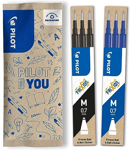 PILOT FriXion Ersatzminen 0.7 – 6 Stück – Farben Schwarz/Blau – FriXion Nachfüllminen mit radierbarer Tinte – Kompatibel mit FriXion Ball & FriXion Clicker – mittlere Stärke – Gel-Tintenrollermine