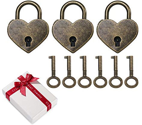3 Stück Antik Vintage Herzform Mini-Vorhängeschloss mit 6 Stück Schlüssel Set,Nostalgie Weinlese-Antike-Art Herz Klein Vorhängeschloss für Tagebuch Liebesschloss Partei Geschenk, Dekoration