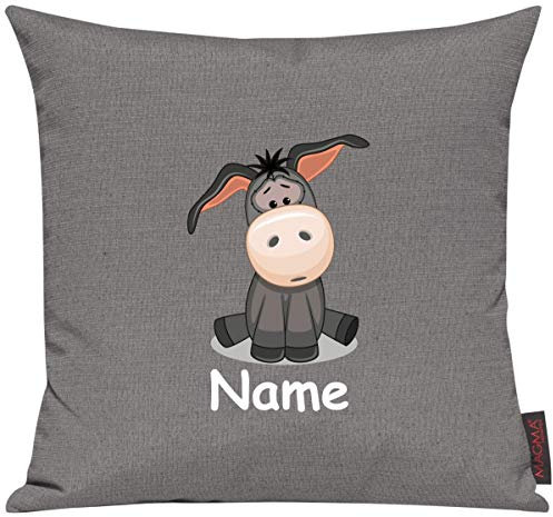 Shirtinstyle Sofakissen Kinderkissen Tiermotiv Esel mit Wunschnamen, Größe 40 x 40cm, Farbe grau