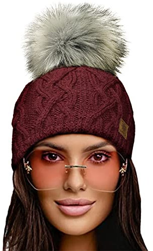 4sold Herren Damen Wurm Winter Style Beanie Handmade Strickmütze Mütze mit Fellbommel Bommelmütze Hat Gestrickte Pudelmütze Plain Ski Pom Wooly with Full Cosy Fleece-Futter (Debora Burgundy)