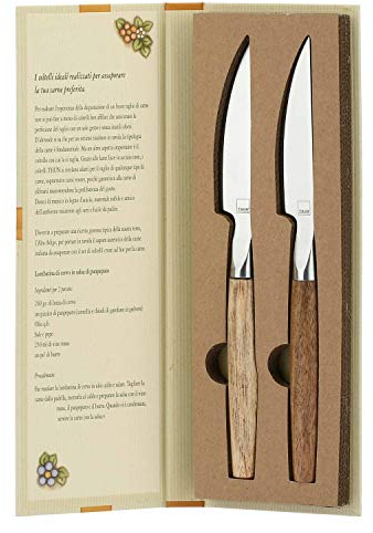 THUN - Set 2 coltelli per Carne con Confezione a Libro - Linea Country - Acciaio Inox, Legno d'Acacia