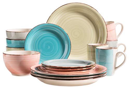 MÄSER 931604 Bel Tempo II - Vajilla para 4 personas (16 piezas, cerámica pintada a mano, gres, verde/rosa/turquesa/azul ahumado)