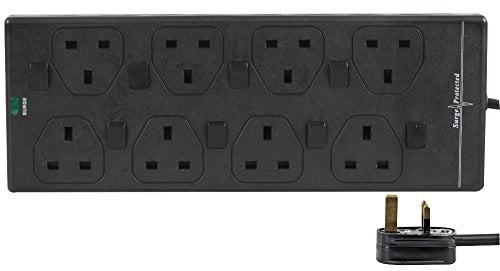 PRO ELEC 8 Gang Surge Protected Extension Lead – 2m Cable, Individually Switched Sockets, UK Plug, Black – LED Surge Indicator & Mountable Design – PELB1939