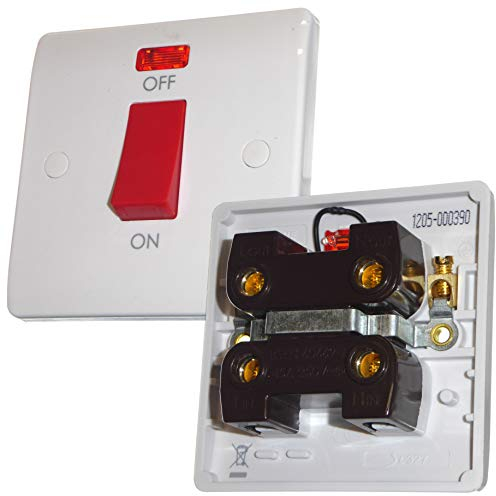 45A DP Cooker Switch with Neon Indicator 45 Amp White Round Corners Red Rocker
