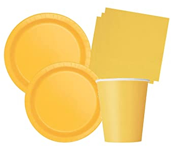 Isola Party Kit festa di compleanno tinta unita color Giallo per 32 persone eco-friendly (32 piatti di carta ⌀ 23 cm, 28 bicchieri di carta 266 ml, 40 tovaglioli di carta 33x33 cm)