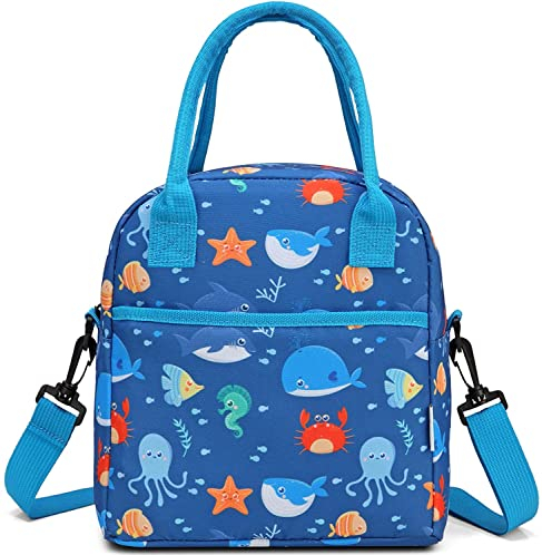 VASCHY Bolsa de almuerzo isotérmica para niños, niños y niñas, bonita bolsa de almuerzo portátil para la escuela, pícnic, con bandolera extraíble y bolsillo delantero (animal del océano)