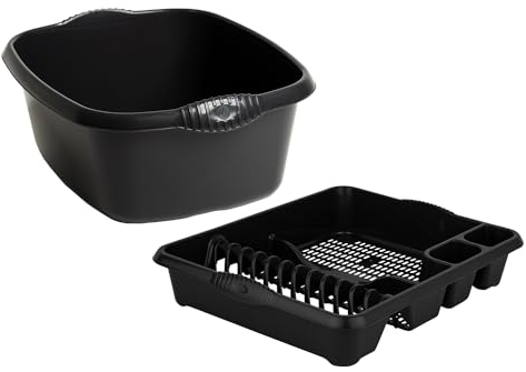 TENLITE SET OF 2 Large Rectangular Washing Up Bowl with large Dish Drainer For Kitchen Utensils - (Midnight Greyish, Rectangular Bowl, Large Dish Drainer)