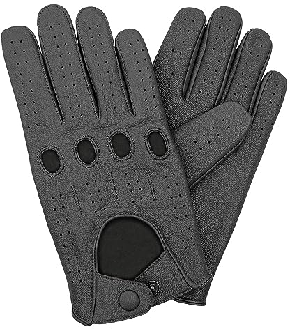 Leatherick Unisex-Fahrhandschuhe aus echtem Ziegenleder ungefüttert hochwertiges Leder – atmungsaktiv mit perforierten Einsätzen und Knöchellöchern mit Lederriemen-Druckknopfverschluss - M