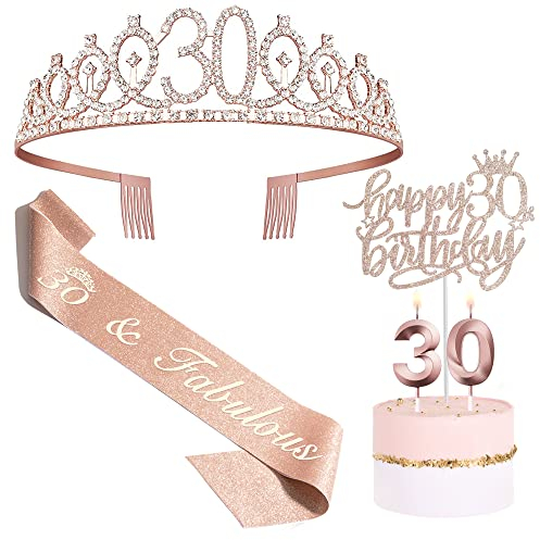 Bella Meri Dekoration zum 30. Geburtstag für sie, Schärpe zum 30. Geburtstag, Krone/Tiara, Geburtstagskerzen, Kuchenaufsätze, Geschenk zum 30. Geburtstag für sie, Dekoration zum 30. Geburtstag