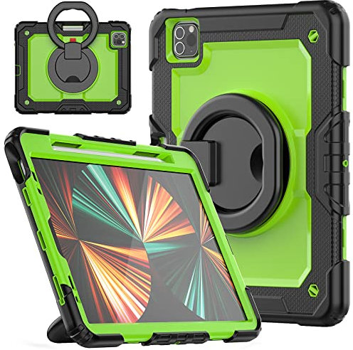 HUEZOE Custodia Compatibile iPad Pro 11 Pollici, Modello 2021/2020/2018, Cover di Protezione Antiurto per Tutto il Corpo Rigide Robusta con Supporto Girevole/Portapenna, Gialloverde Nero