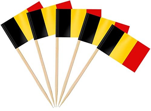 AhfuLife 100 Stück Belgien Zahnstocher Flaggen, Belgische Deko Fahne Klein Mini Zahnstocher für 2024 EM Euro Eurovision Song Contest Olympische Cupcake Topper Toothpick Cocktail Partydeko Pub Deko