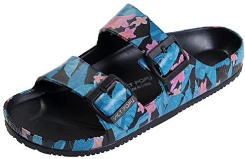 VICT POPU Pantoletten Damen mit Fussbett Sandalen Flach Rutschfest Sommer Badelatschen Lässig EVA Slides Erwachsene Schlappen Blumensee Blau 39