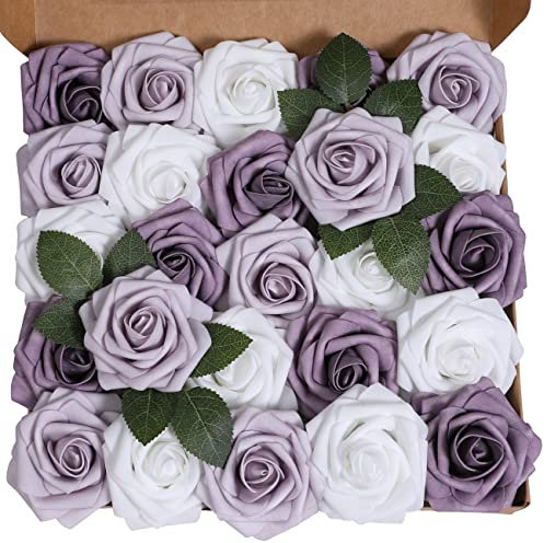 Ancokig Künstliche 25 Stück Rosen Blumen Schaumrosen Foamrosen Kunstblumen Rosenköpfe Gefälschte Kunstrose Rose für Hochzeit Blumensträuße Braut Zuhause Dekoration (Farbverlauf lila,25 Stück)
