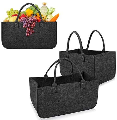 Aufun 2 Stück Filztasche Kaminholztasche Filz, Faltbar Brennholzkorb Einkaufstasche, Filztaschen Shopper, für Kaminholz Kleidung Spielzug(50 x 25 x 25 cm, Dunkelgrau)