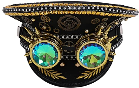 COSDREAMER Damen Burning Man Pailletten Hut Festival Military Captain Hüte mit Brille (Schwarz Gold)