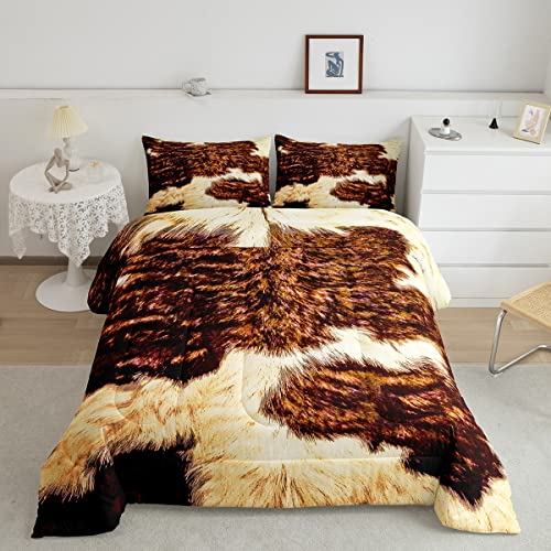 Homewish Kuh Bettwäsche 135 x 200 Rindsleder Tröster Set Erwachsene Frauen Männer Highland Kuhfell Bettbezug Western Farm Wild Tier Daunendecke Braun Weiß Bulle Rinderhaut Gesteppte Bettdecke