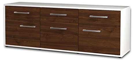Lqliving TV-Board Lowboard Angela, Korpus in weiß matt, Front im Holz-Design Walnuss (136x49x35cm), mit Metall Griffen, Made in Germany