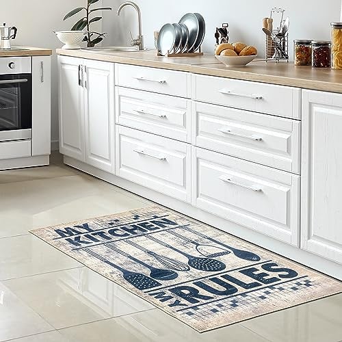 CARPETIA Küchenteppich Kochlöffel Beige Schwarz rutschfest 100x200 cm | Rutschfest, pflegeleicht, schmutzabweisend und strapazierfähig, mit Gelrücken, für Fußbodenheizung, Küche & Esszimmer